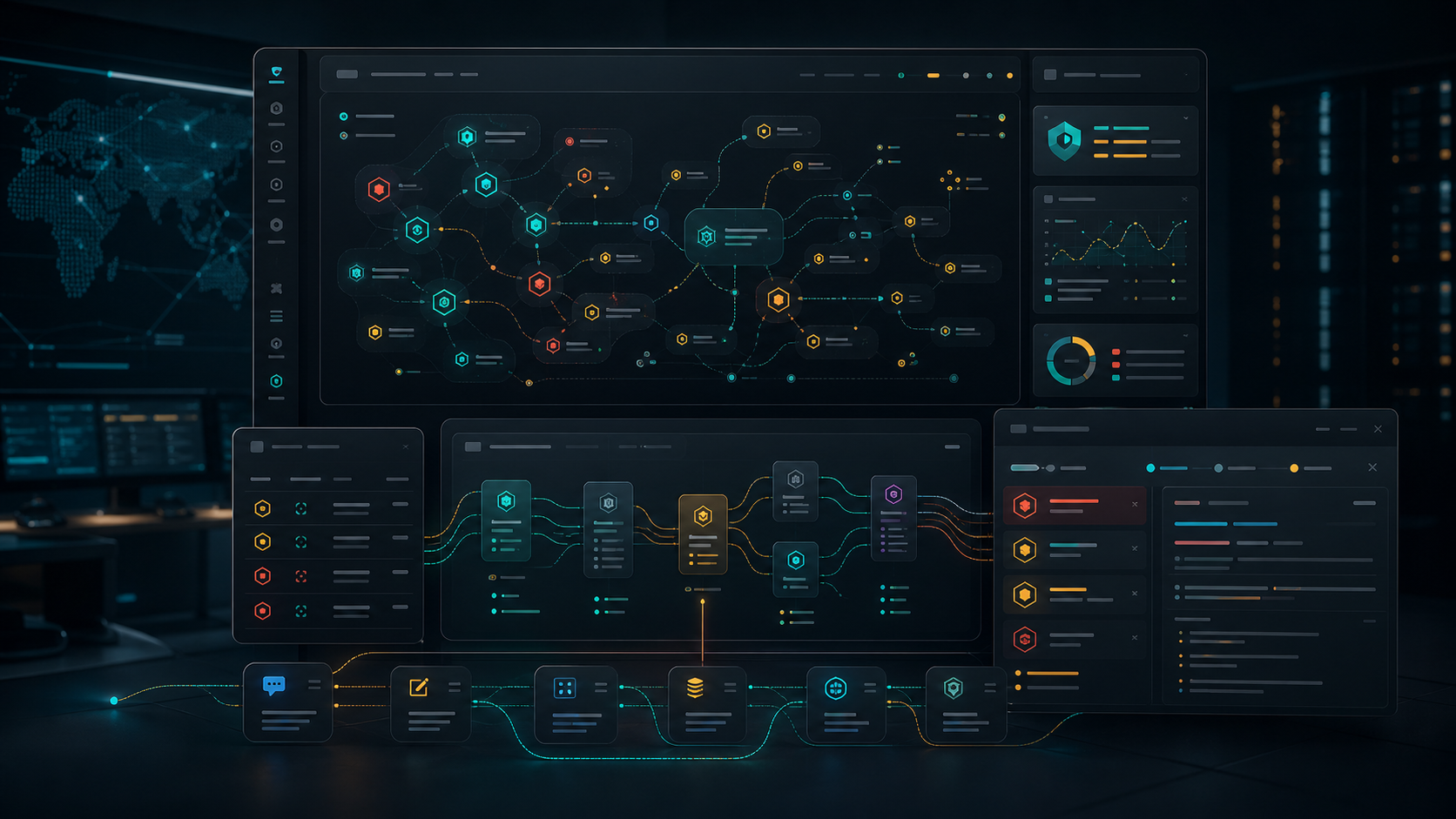 Abstract fictional AI risk posture dashboard with workflow traces and finding panels